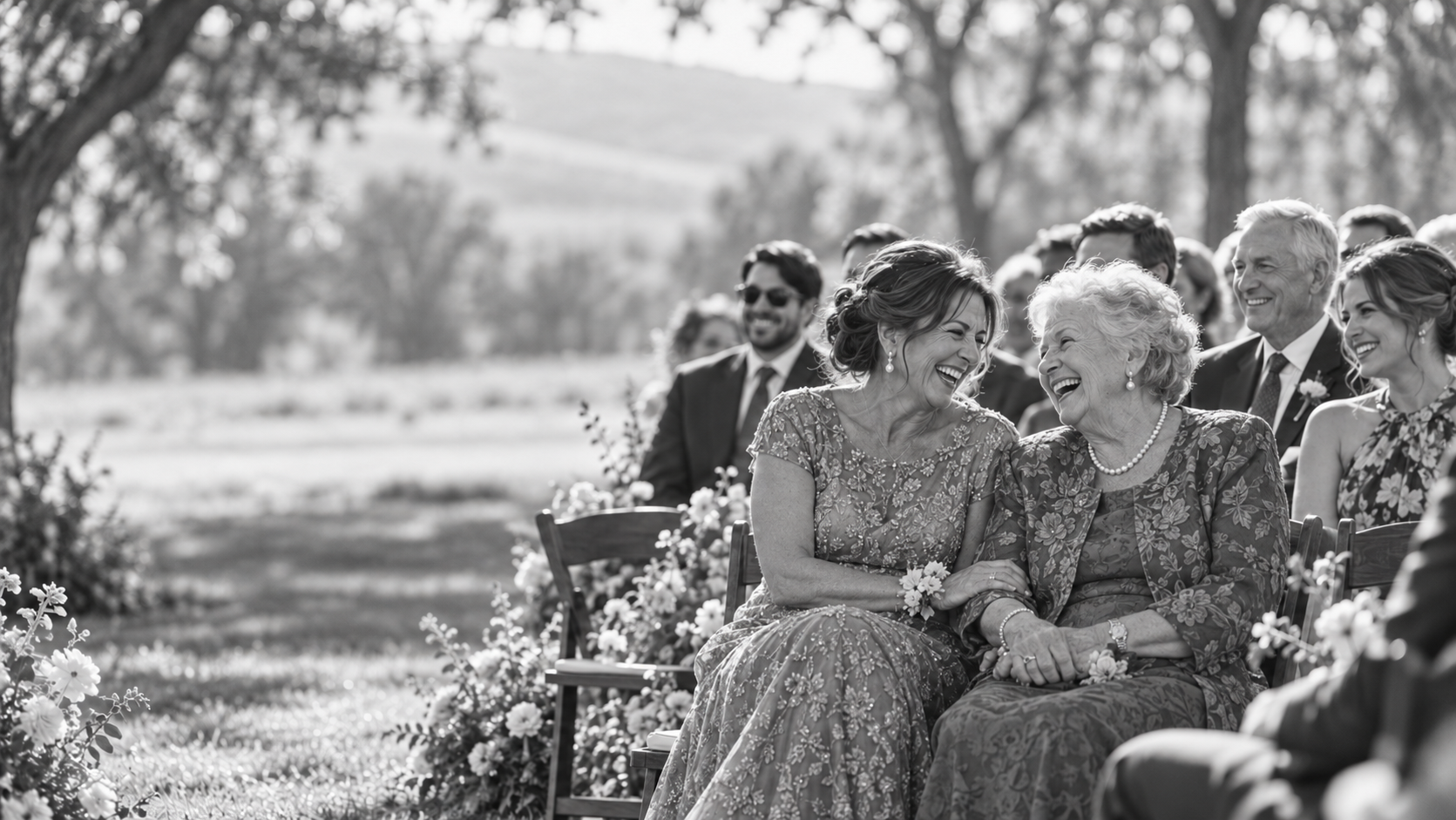 Mãe e avó convidadas vivendo um momento de emoção em um casamento ao ar livre